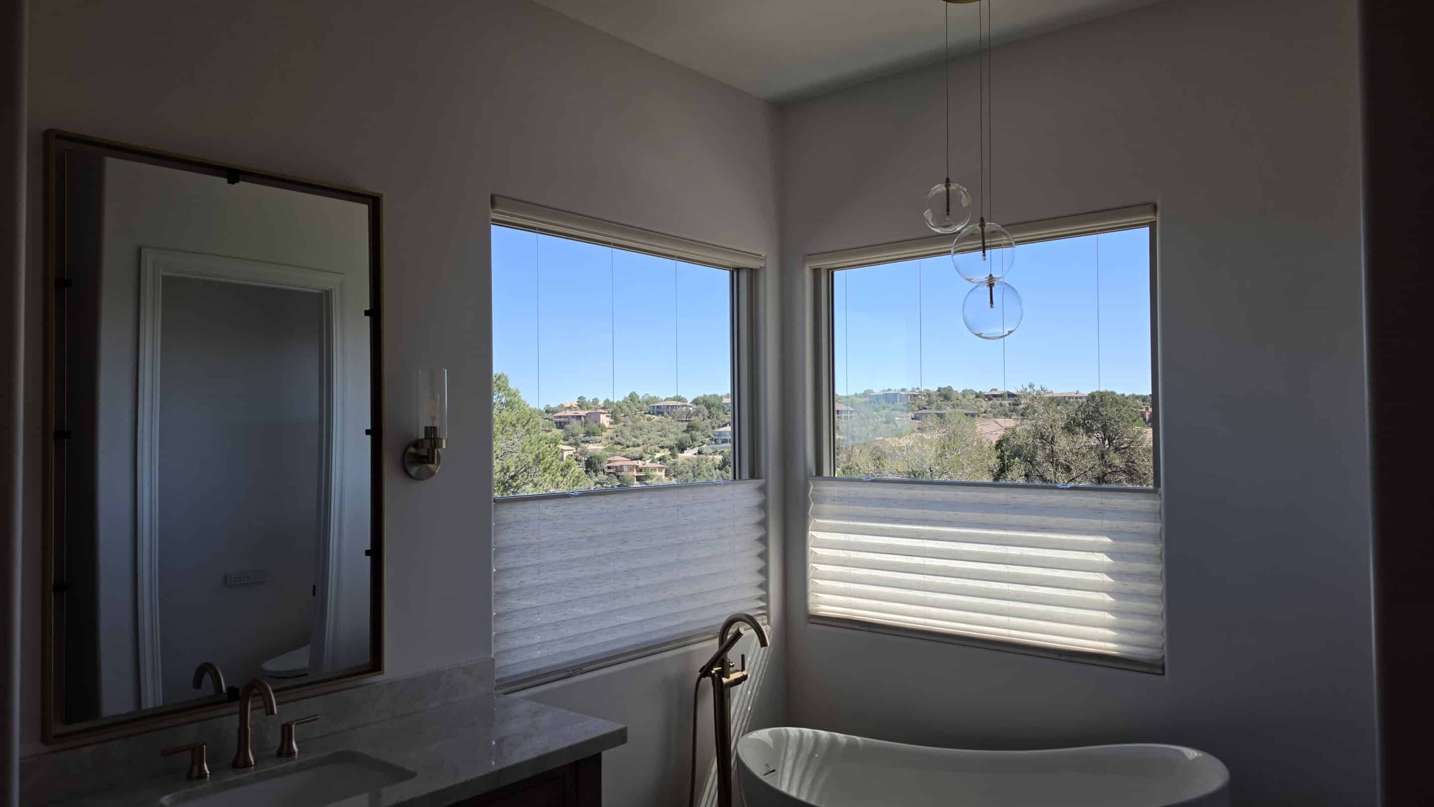 Graber Top Down Bottom Up cordless pleated shades in a luxury bathroom in Prescott Arizona.
